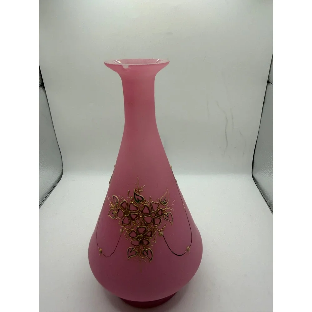 Vintage Pink‎ Satin Frosted Glass Vase Hand Painted Gold Floral Enamel 8.5 Inch